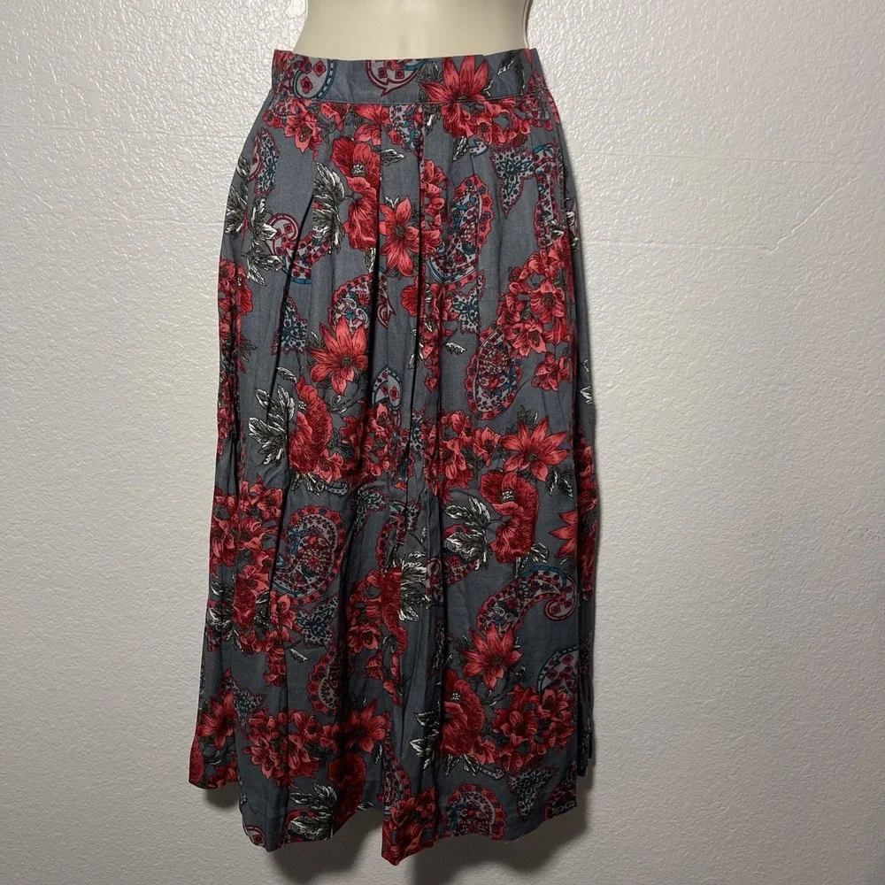 Diversity Womens Vintage 90s Pleated Midi Skirt 4 Petite Red Floral Paisley Boho